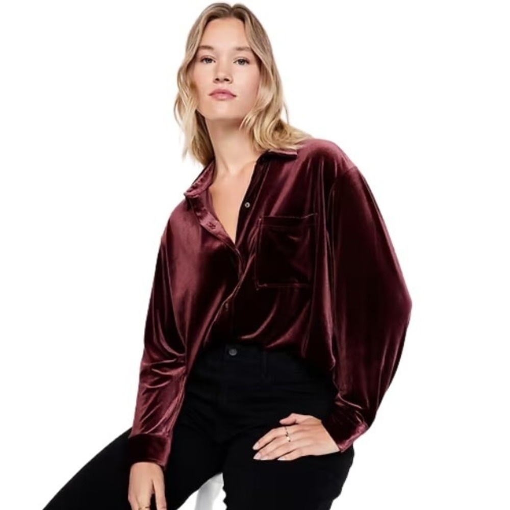Old Navy Burgundy Velvet Cropped Button Front Shirt Size 2X Minimalist Grunge